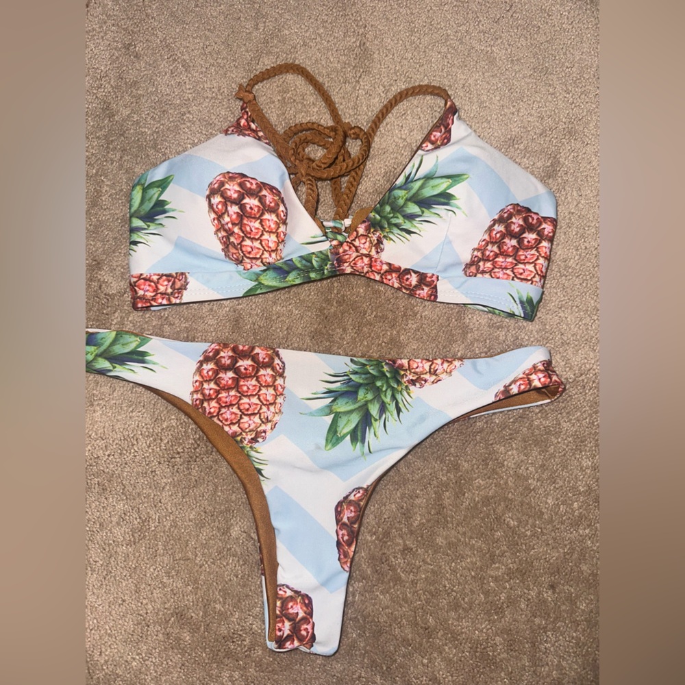 SHEIN Pineapple Print Bikini - Blue and Brown